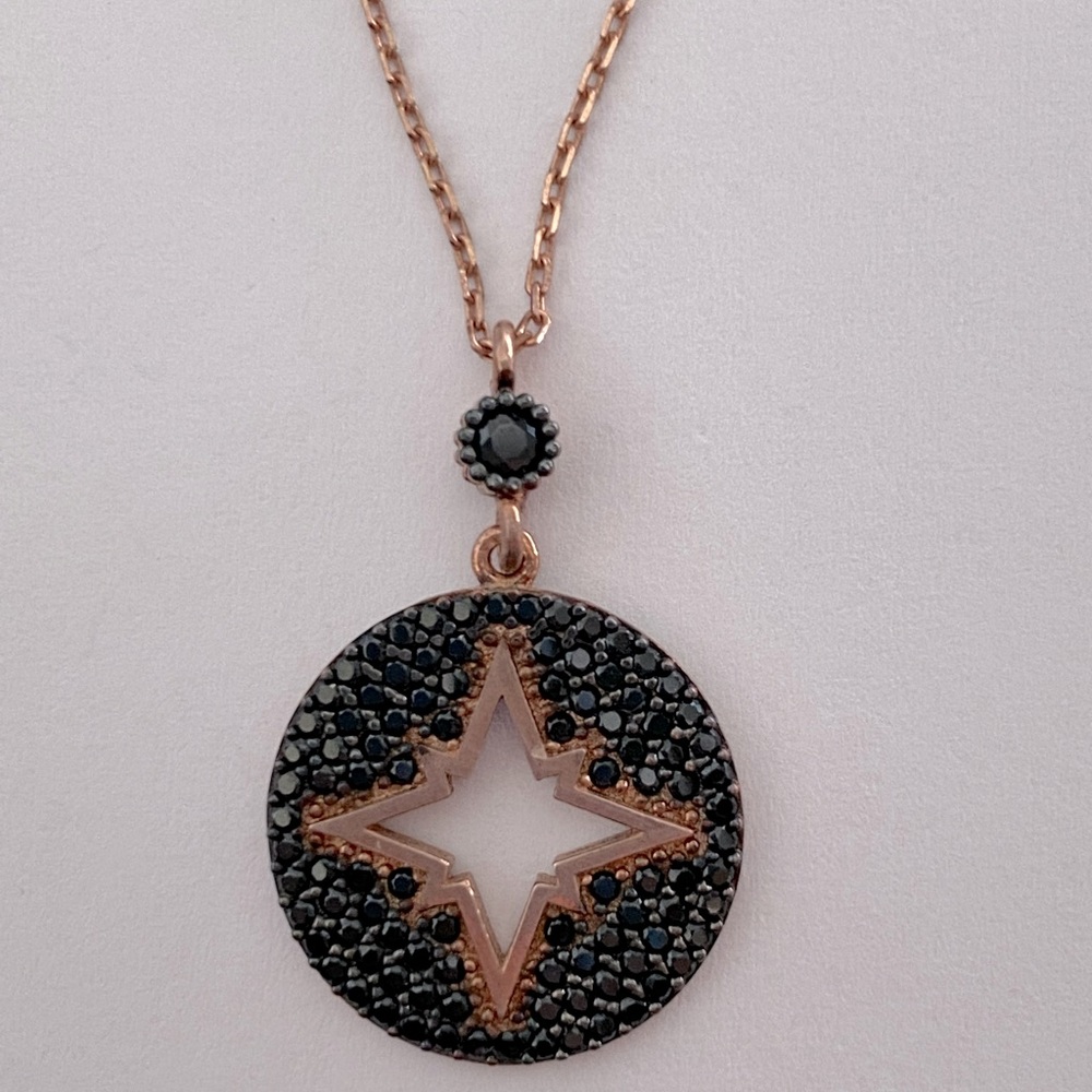 925 Silver necklace compass star black cz 14k rose gold plated